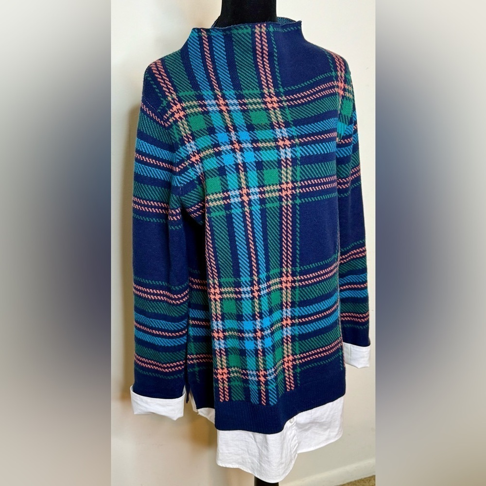Isaac Mizrahi preppy Blue Green plaid soft oversized tunic winter sweater small